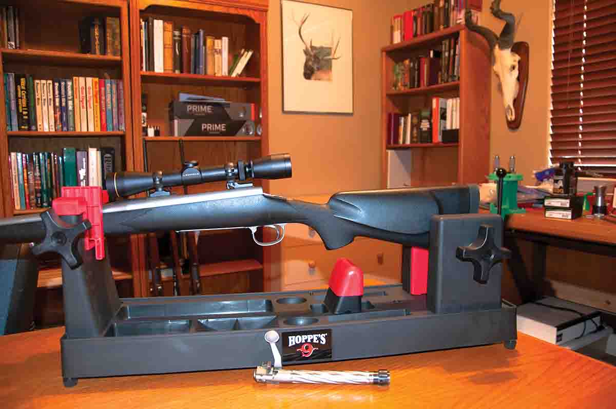 The plastic Hoppe’s rifle vise is very sturdy and holds any bolt-action rifle securely. The rifle is a .270 Winchester made by High Tech Customs in Colorado Springs, Colorado.